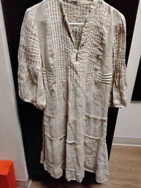 120%  Lino                       Neutral Linen Pintuck Tiered Midi Dress - Women